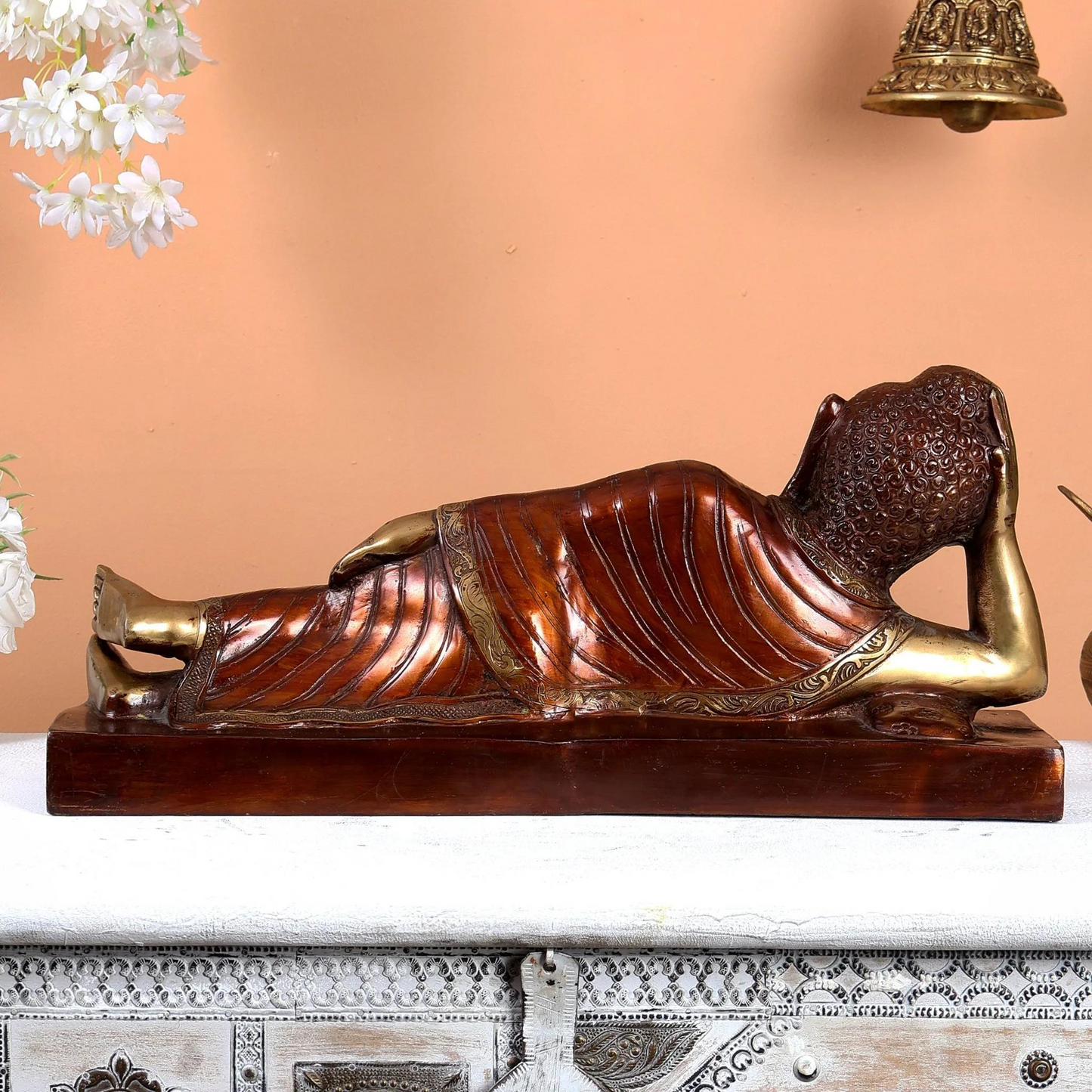 Brassaura® Brass Reclining Sleeping Buddha Idol with Dual Tone Brown Gold Finish | Handcrafted Buddha Statue for Home, Meditation & Spiritual Décor | Height 9 Inches | Weight 8.82 Kgs