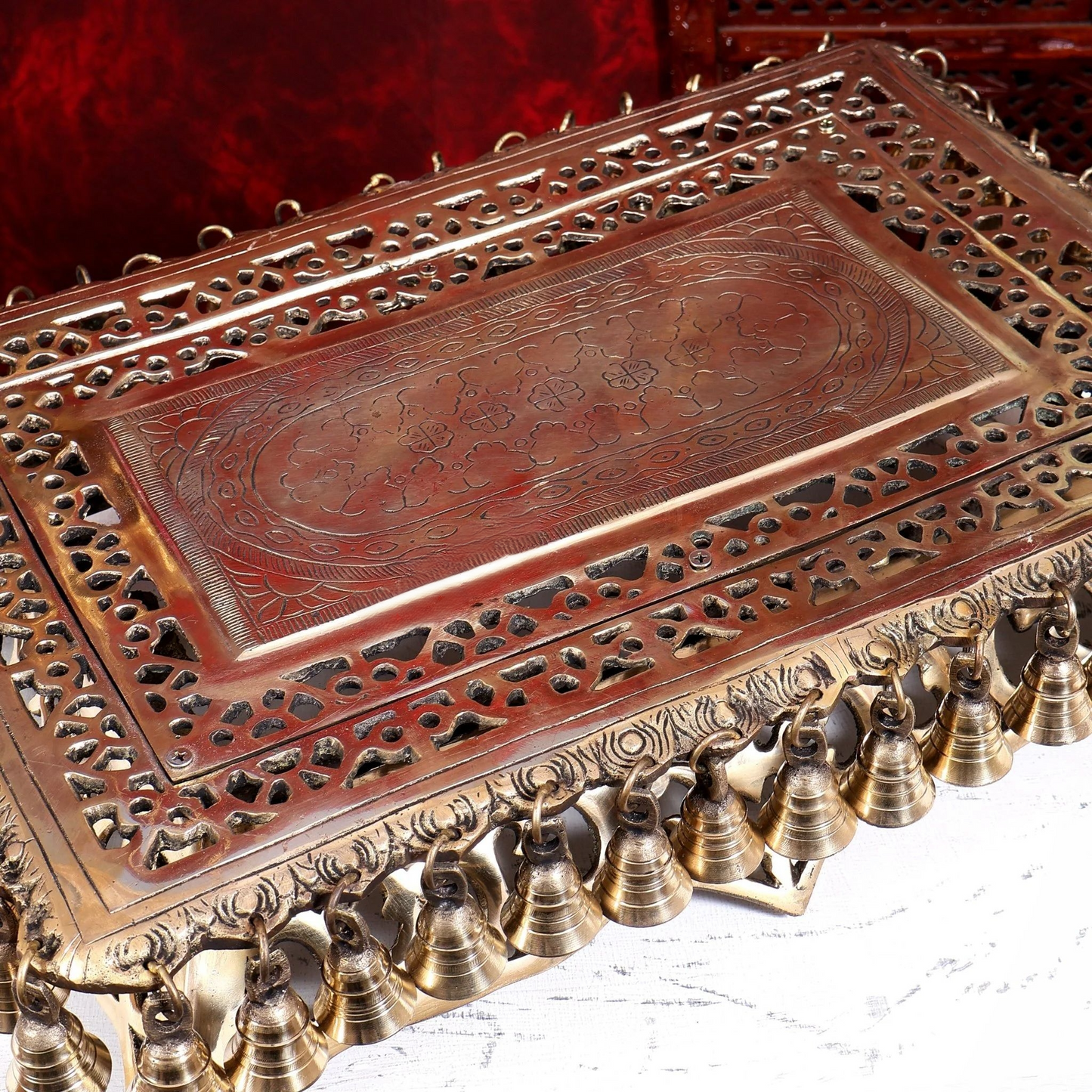Brassaura® Pure Superfine Brass Handcrafted Pooja Chowki | Ornate Brass Temple Platform for Home Temple, Pooja Room & Mandir Décor | 5 Inches, 15.94 Kg