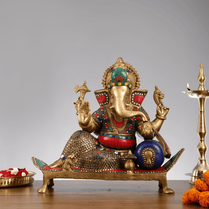 Brassaura™ Brass Ganesha on Decorated Singhasan with Stonework | Height 16 Inches & Weight 16 Kgs