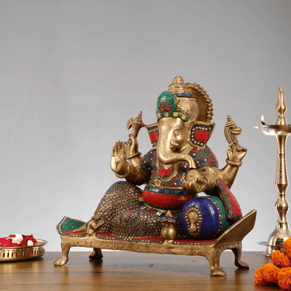 Brassaura™ Brass Ganesha on Decorated Singhasan with Stonework | Height 16 Inches & Weight 16 Kgs