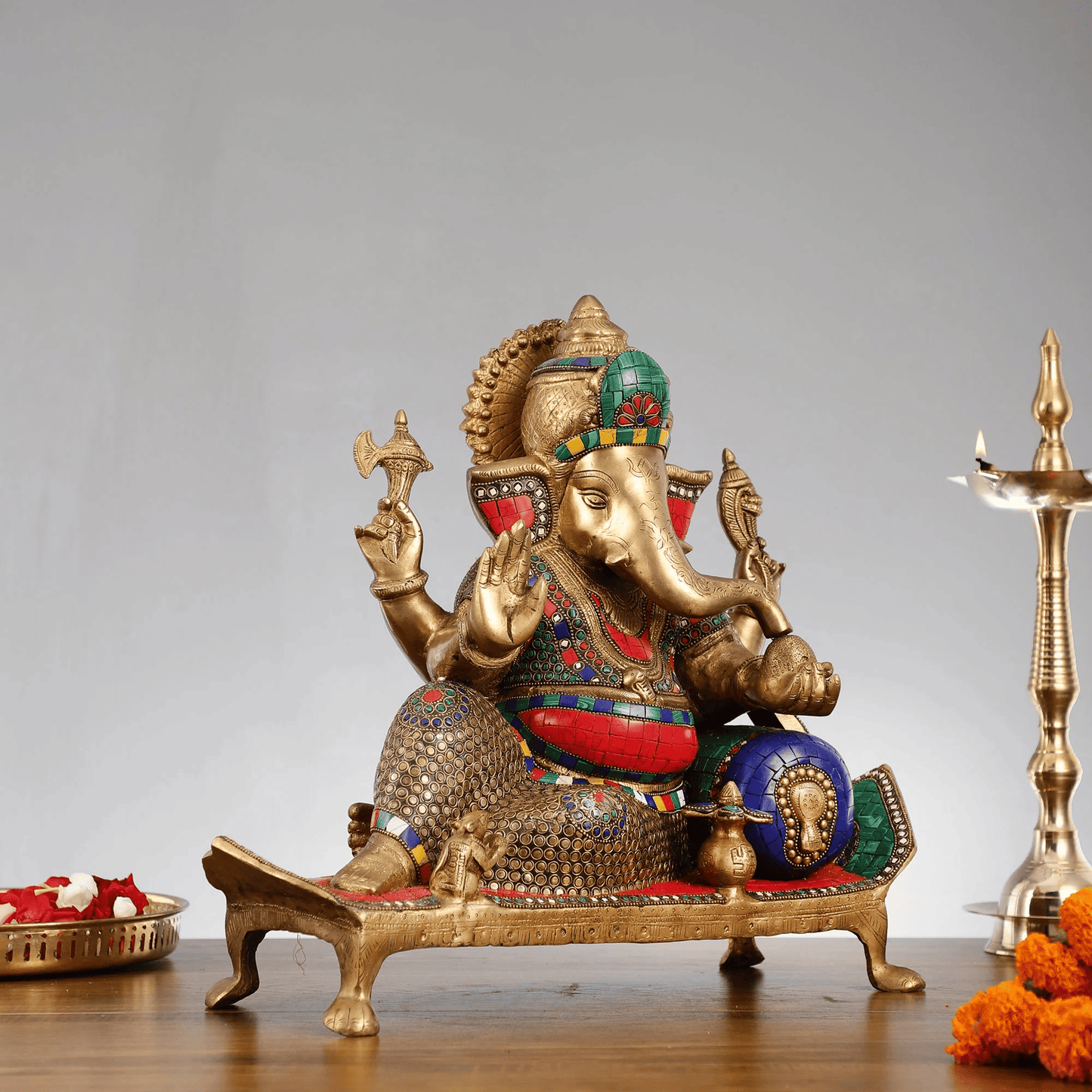 Brassaura™ Brass Ganesha on Decorated Singhasan with Stonework | Height 16 Inches & Weight 16 Kgs