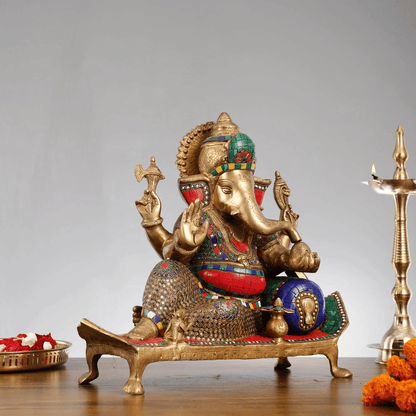 Brassaura™ Brass Ganesha on Decorated Singhasan with Stonework | Height 16 Inches & Weight 16 Kgs
