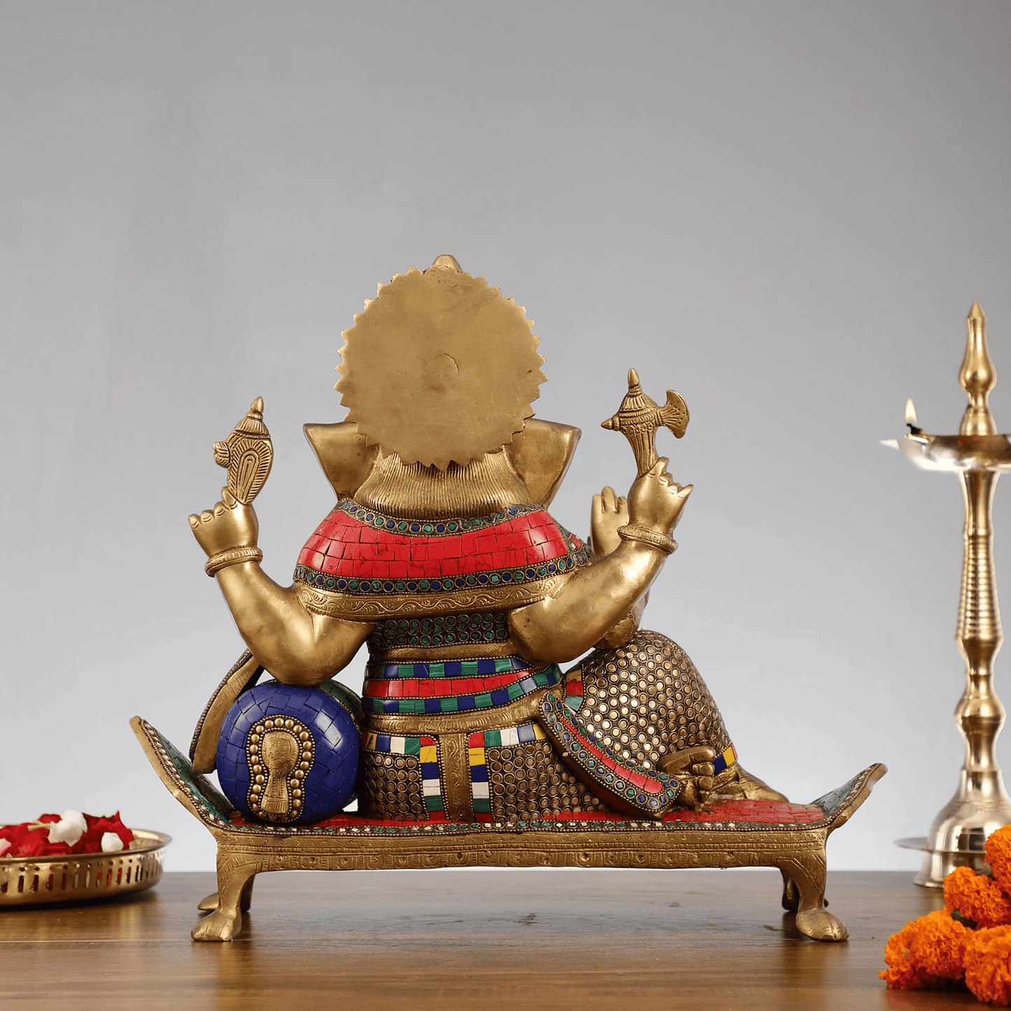 Brassaura™ Brass Ganesha on Decorated Singhasan with Stonework | Height 16 Inches & Weight 16 Kgs