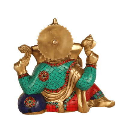 Brassaura® Calm and Composed Ganapathi Brass Statue with Natural Stones | Height 9.5 Inches