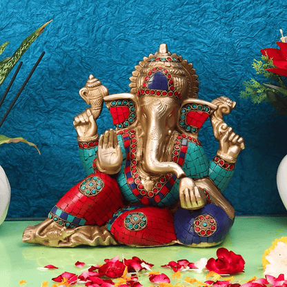 Brassaura® Calm and Composed Ganapathi Brass Statue with Natural Stones | Height 9.5 Inches