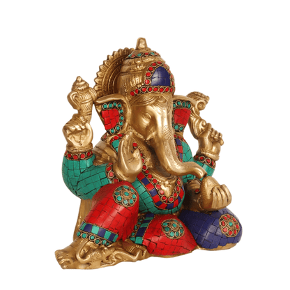 Brassaura® Calm and Composed Ganapathi Brass Statue with Natural Stones | Height 9.5 Inches