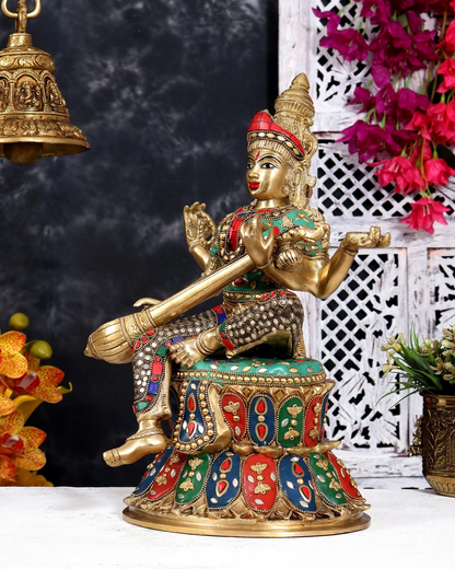 Brassaura® Saraswati Seated Veena Pose Idol with Multicolor Meenakari Finish | Pure Superfine Brass Handcrafted Murti | Brass Statue for Home Temple, Pooja Room | Height 14.5 Inches | Weight 8.5 Kgs