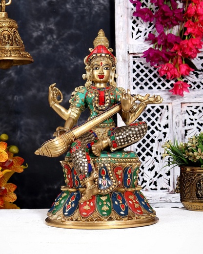 Brassaura® Saraswati Seated Veena Pose Idol with Multicolor Meenakari Finish | Pure Superfine Brass Handcrafted Murti | Brass Statue for Home Temple, Pooja Room | Height 14.5 Inches | Weight 8.5 Kgs