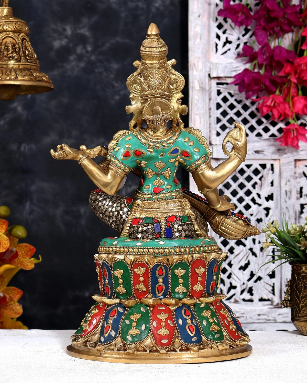 Brassaura® Saraswati Seated Veena Pose Idol with Multicolor Meenakari Finish | Pure Superfine Brass Handcrafted Murti | Brass Statue for Home Temple, Pooja Room | Height 14.5 Inches | Weight 8.5 Kgs