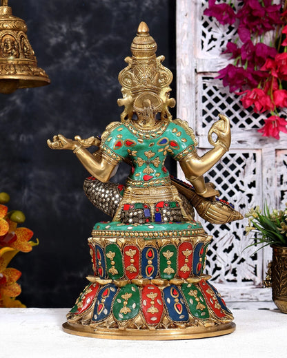 Brassaura® Saraswati Seated Veena Pose Idol with Multicolor Meenakari Finish | Pure Superfine Brass Handcrafted Murti | Brass Statue for Home Temple, Pooja Room | Height 14.5 Inches | Weight 8.5 Kgs