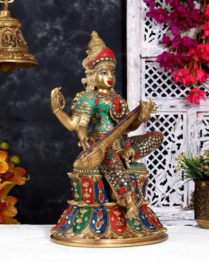 Brassaura® Saraswati Seated Veena Pose Idol with Multicolor Meenakari Finish | Pure Superfine Brass Handcrafted Murti | Brass Statue for Home Temple, Pooja Room | Height 14.5 Inches | Weight 8.5 Kgs