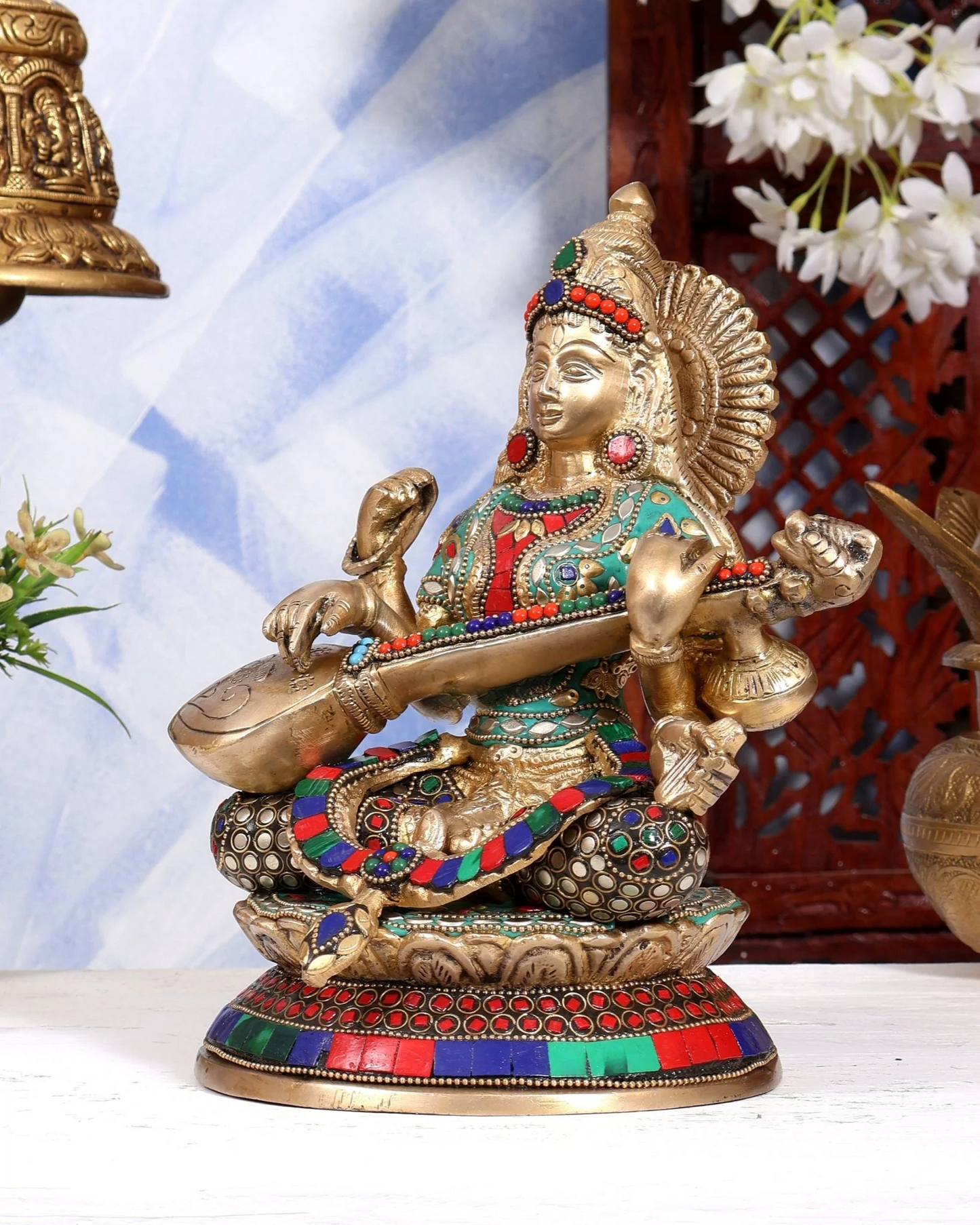 ब्रासोरा® वृंदावन वेणुगोपाल कृष्ण पीतल की प्रतिमा मोर के साथ | एंटीक नीला और सुनहरा रंग | ऊँचाई 20 इंच