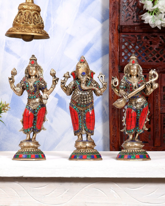 Brassaura® Pure Superfine Brass Handcrafted Ganesha Lakshmi Saraswati Idol Set | Standing Ganesh Lakshmi Saraswati Statues with Stonework for Home Temple & Pooja Room | 10 Inches, 9 Kg