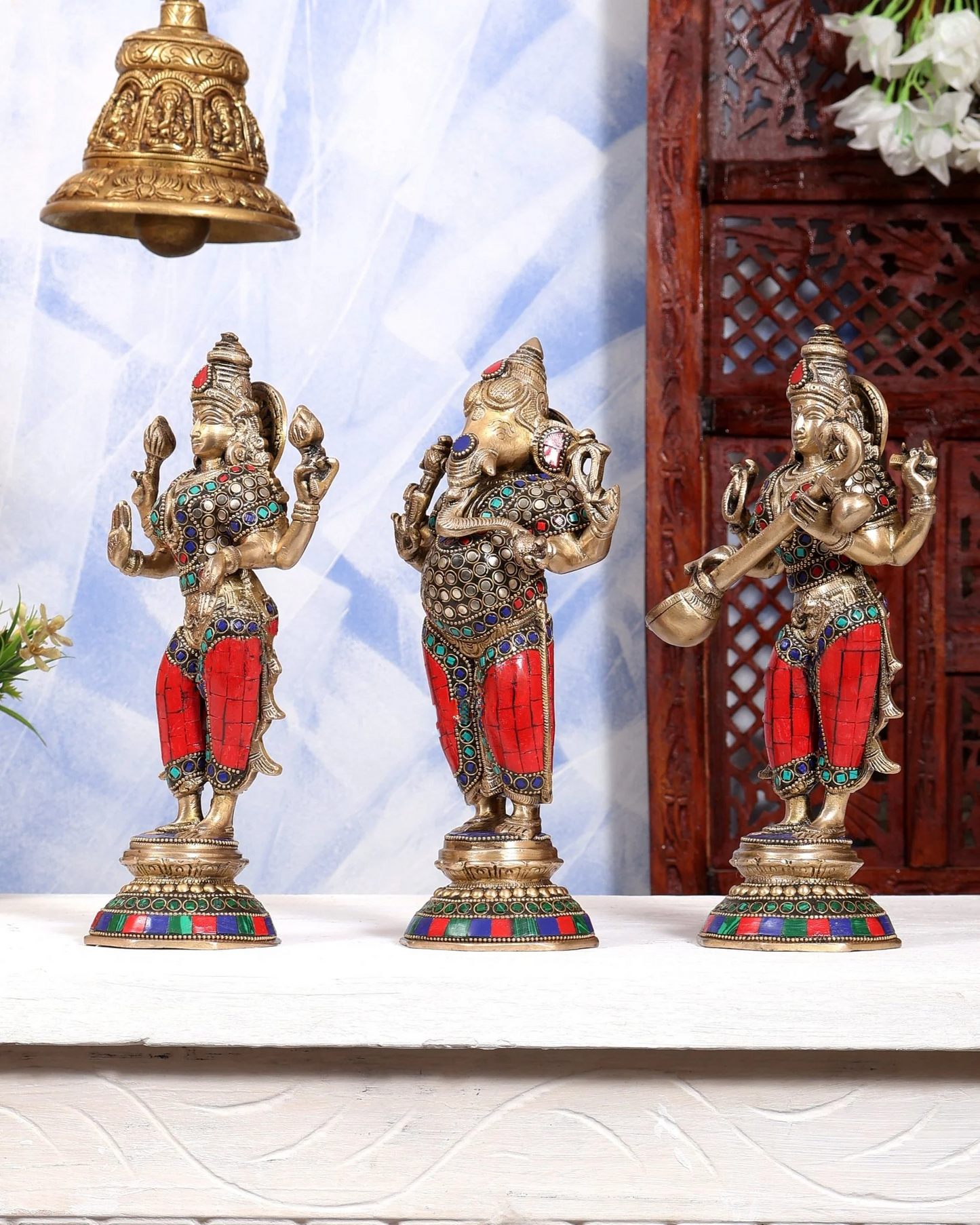 Brassaura® Pure Superfine Brass Handcrafted Ganesha Lakshmi Saraswati Idol Set | Standing Ganesh Lakshmi Saraswati Statues with Stonework for Home Temple & Pooja Room | 10 Inches, 9 Kg