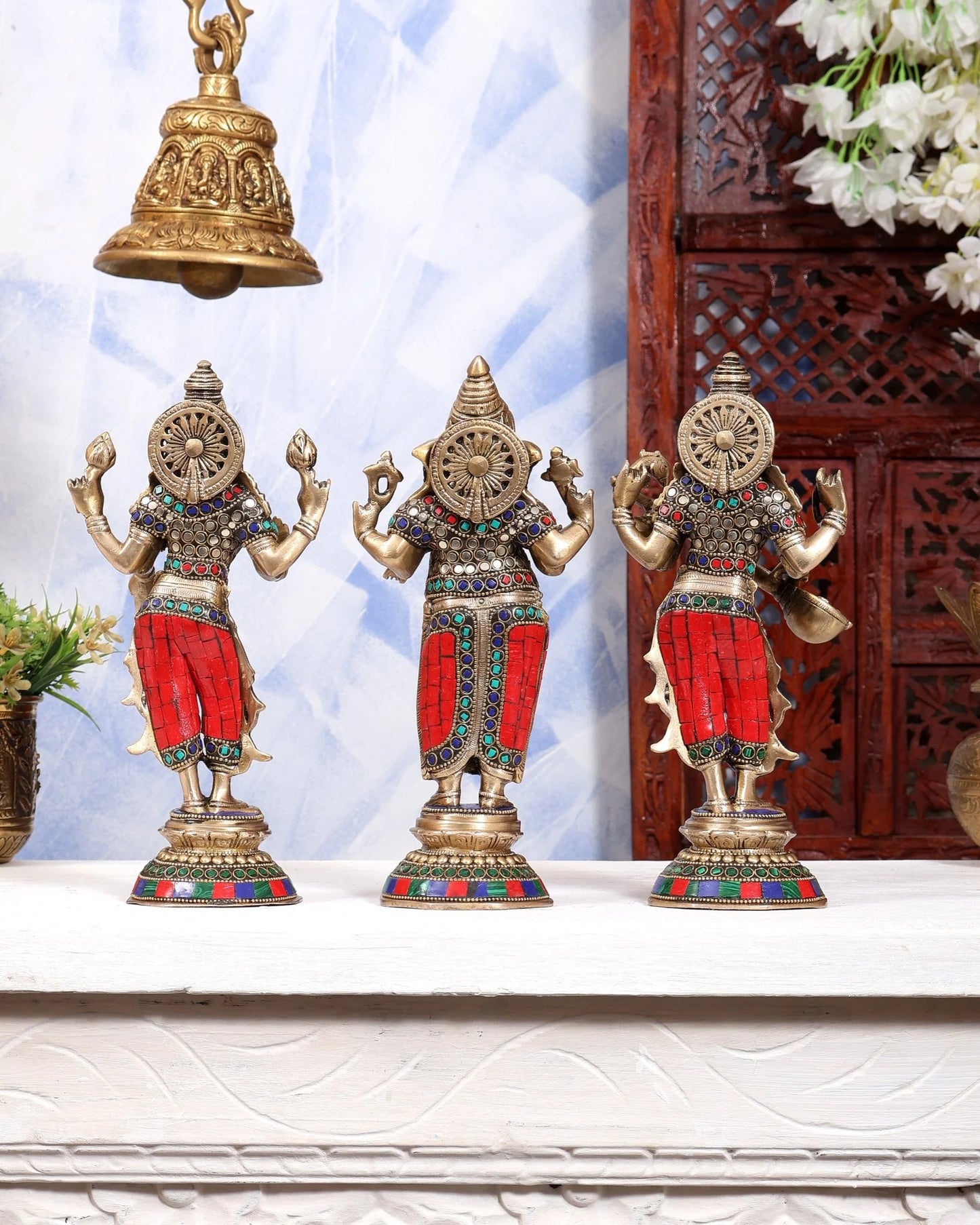 Brassaura® Pure Superfine Brass Handcrafted Ganesha Lakshmi Saraswati Idol Set | Standing Ganesh Lakshmi Saraswati Statues with Stonework for Home Temple & Pooja Room | 10 Inches, 9 Kg
