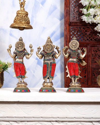 Brassaura® Pure Superfine Brass Handcrafted Ganesha Lakshmi Saraswati Idol Set | Standing Ganesh Lakshmi Saraswati Statues with Stonework for Home Temple & Pooja Room | 10 Inches, 9 Kg