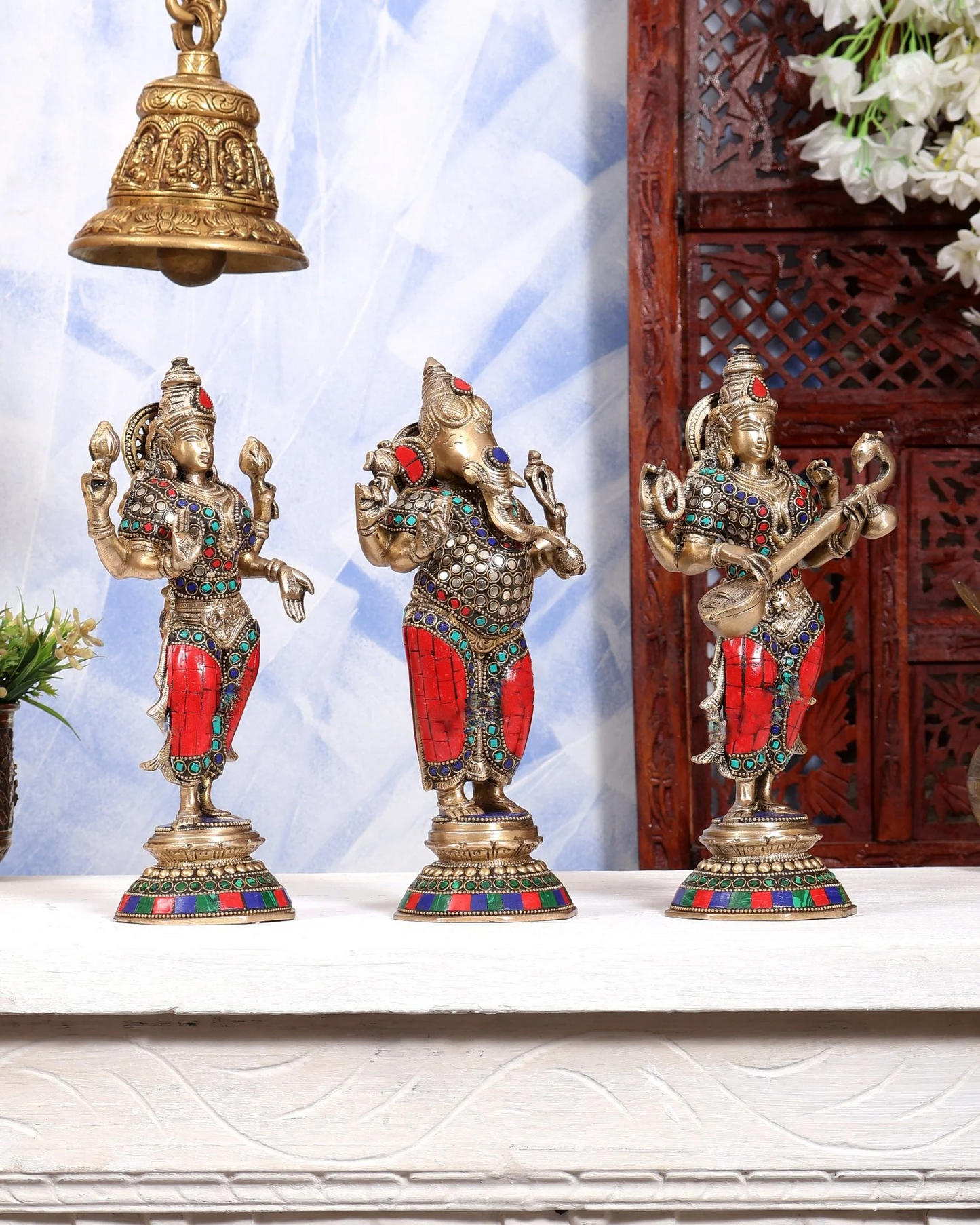 Brassaura® Pure Superfine Brass Handcrafted Ganesha Lakshmi Saraswati Idol Set | Standing Ganesh Lakshmi Saraswati Statues with Stonework for Home Temple & Pooja Room | 10 Inches, 9 Kg