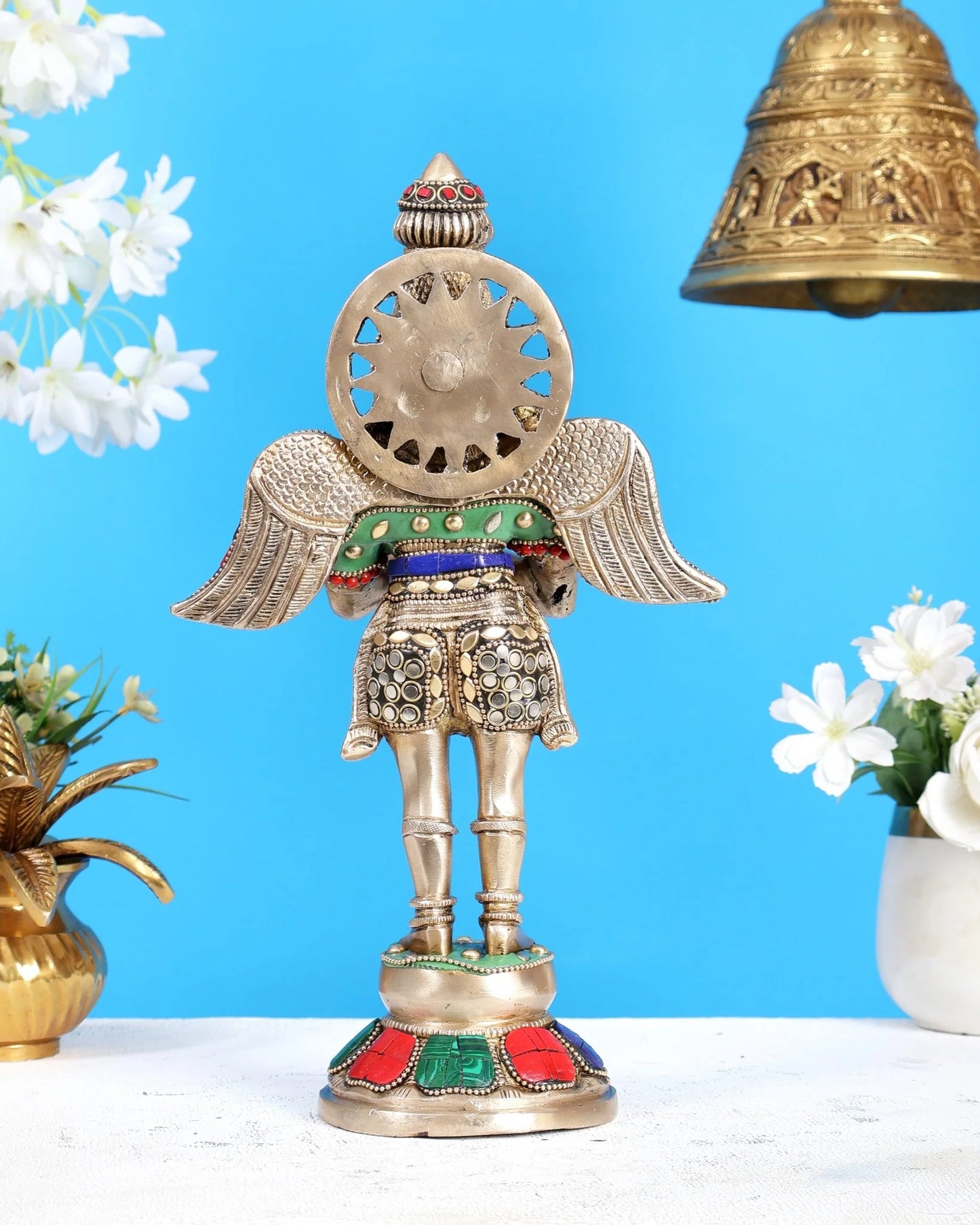 ब्रासोरा® वृंदावन वेणुगोपाल कृष्ण पीतल की प्रतिमा मोर के साथ | एंटीक नीला और सुनहरा रंग | ऊँचाई 20 इंच