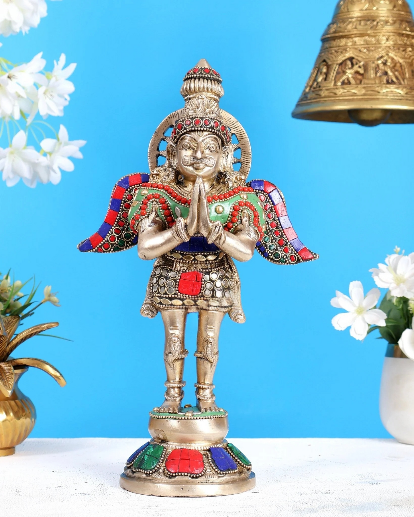 ब्रासोरा® वृंदावन वेणुगोपाल कृष्ण पीतल की प्रतिमा मोर के साथ | एंटीक नीला और सुनहरा रंग | ऊँचाई 20 इंच