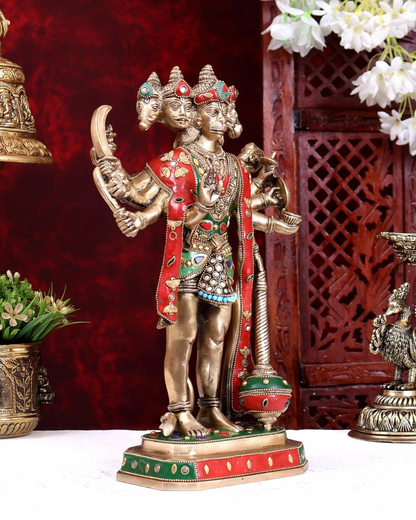 Brassaura® Brass Meenakari Panchmukhi Hanuman Idol | Handcrafted Five-Faced Hanuman Murti with Color Stonework for Home Temple & Spiritual Décor | Height 14 Inches | Weight 6 Kgs