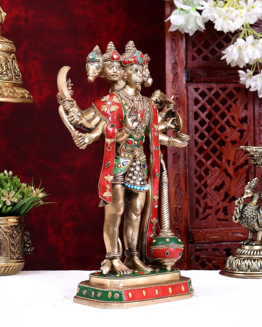 Brassaura® Brass Meenakari Panchmukhi Hanuman Idol | Handcrafted Five-Faced Hanuman Murti with Color Stonework for Home Temple & Spiritual Décor | Height 14 Inches | Weight 6 Kgs