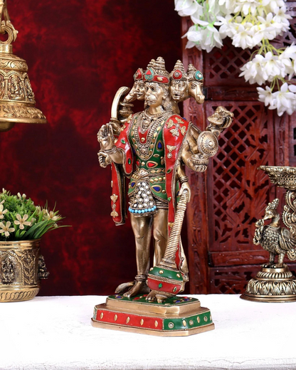 Brassaura® Brass Meenakari Panchmukhi Hanuman Idol | Handcrafted Five-Faced Hanuman Murti with Color Stonework for Home Temple & Spiritual Décor | Height 14 Inches | Weight 6 Kgs
