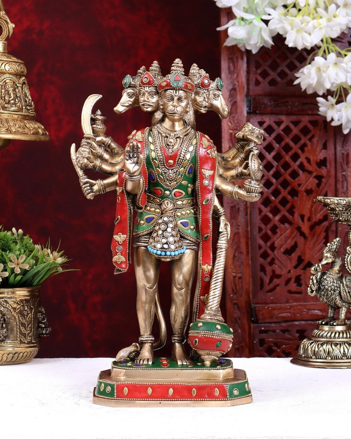 Brassaura® Brass Meenakari Panchmukhi Hanuman Idol | Handcrafted Five-Faced Hanuman Murti with Color Stonework for Home Temple & Spiritual Décor | Height 14 Inches | Weight 6 Kgs