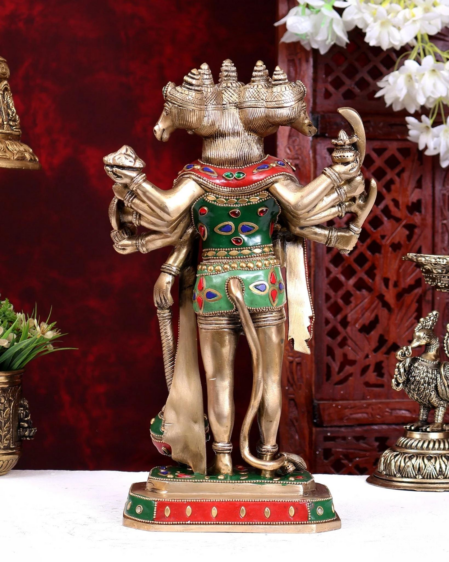 Brassaura® Brass Meenakari Panchmukhi Hanuman Idol | Handcrafted Five-Faced Hanuman Murti with Color Stonework for Home Temple & Spiritual Décor | Height 14 Inches | Weight 6 Kgs