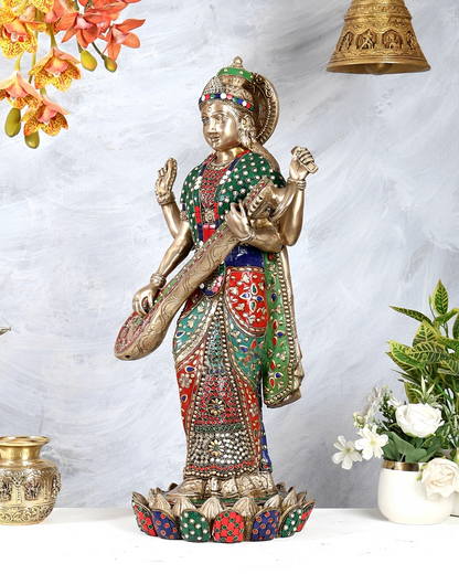 ब्रासोरा® वृंदावन वेणुगोपाल कृष्ण पीतल की प्रतिमा मोर के साथ | एंटीक नीला और सुनहरा रंग | ऊँचाई 20 इंच