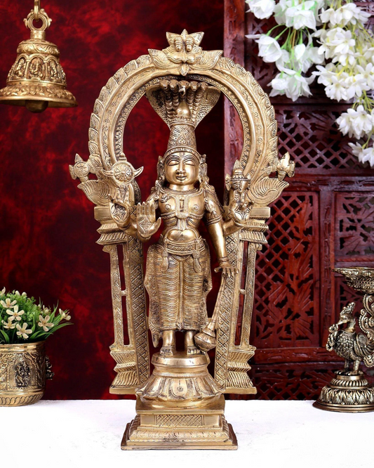 Brassaura® Brass Standing Lord Vishnu with Sheshnag Prabhavali Idol | Handcrafted Golden Butter Finish Vishnu Murti for Home Temple & Spiritual Décor | Height 20 Inches | Weight 9 Kgs