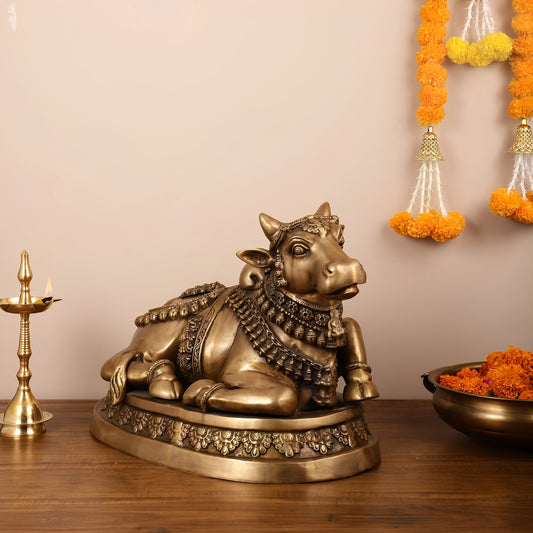 Brassaura™ Superfine Antique Brass Sitting Nandi Statue – Height 16 Inches & Weight 21.21 Kgs | Majestic Temple Idol