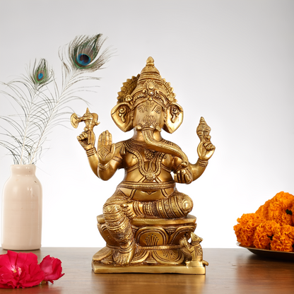 Brassaura® Superfine Brass Lord Ganesha Statue | Handcrafted | Height 12 Inches