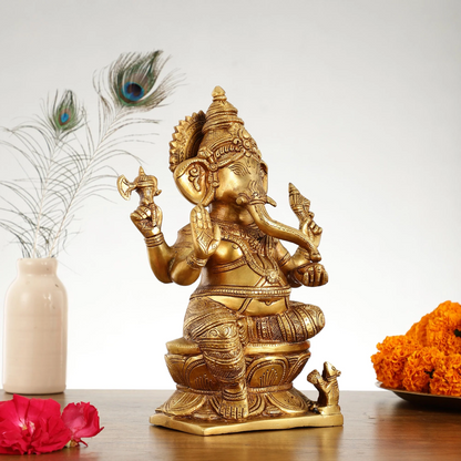 Brassaura™ Superfine Brass Lord Ganesha Statue | Handcrafted | Height 12 Inches & Weight 5 Kgs