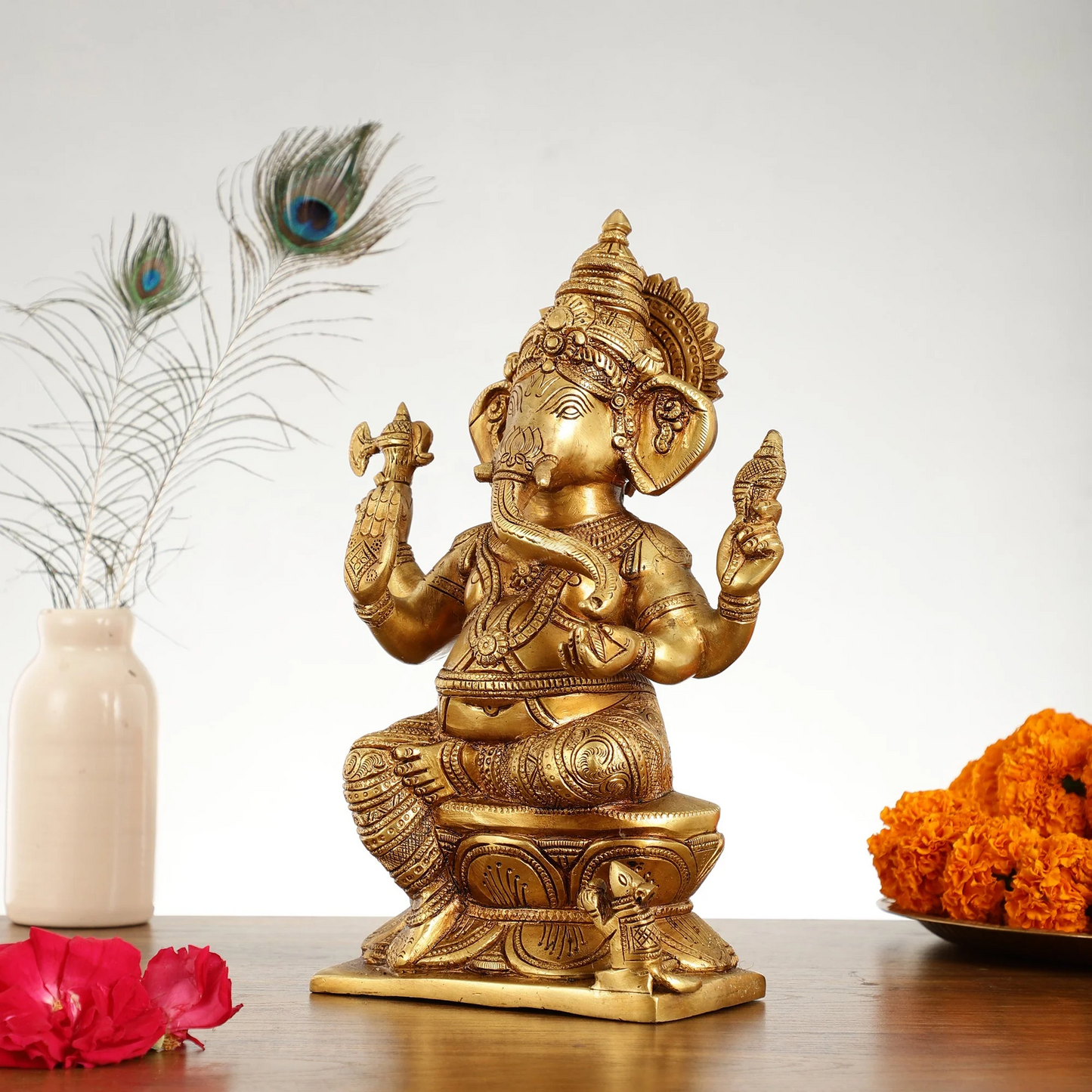 Brassaura™ Superfine Brass Lord Ganesha Statue | Handcrafted | Height 12 Inches & Weight 5 Kgs