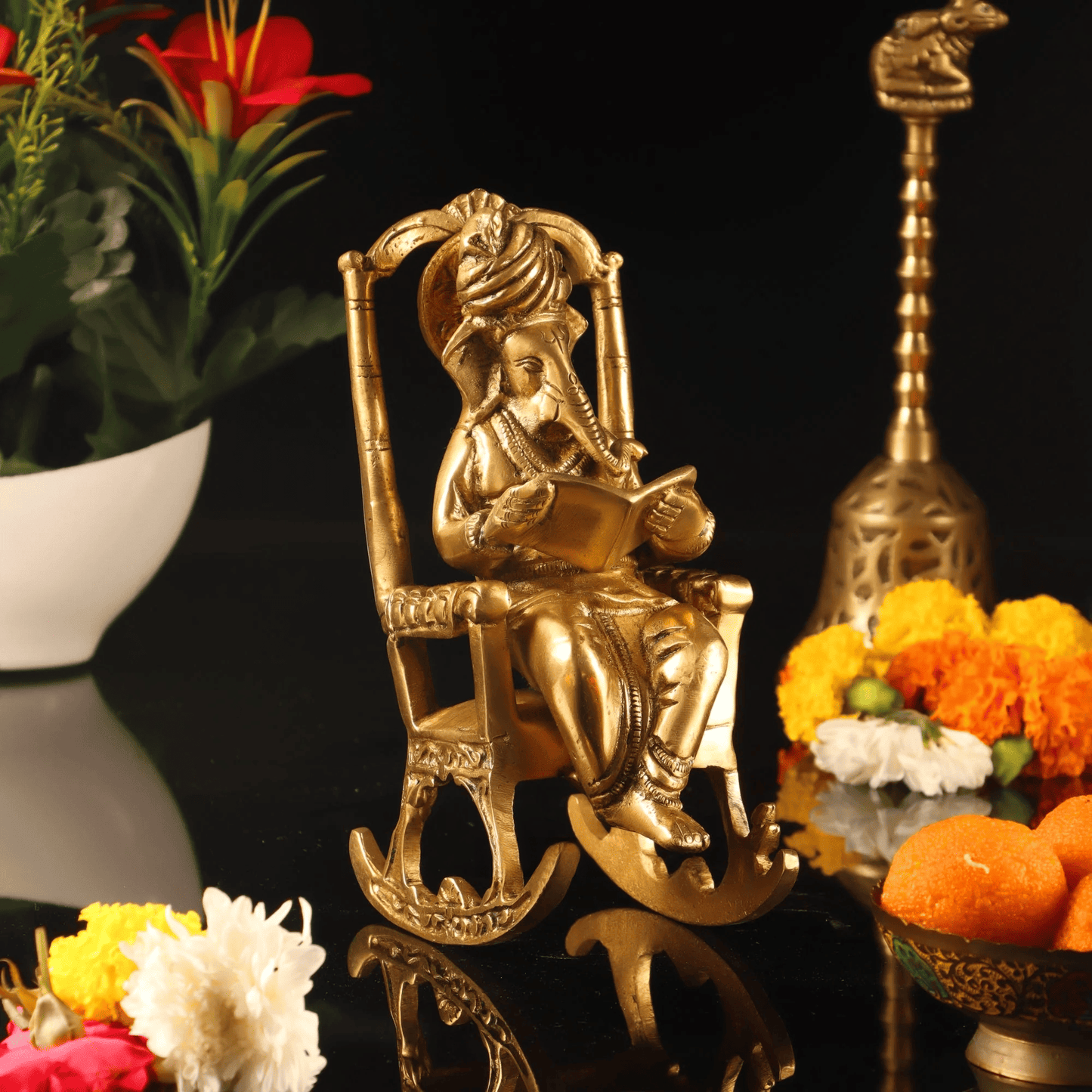 Brassaura® Brass Ganesha on Rocking Chair Reading Mahabharata | Height 7.5 Inches
