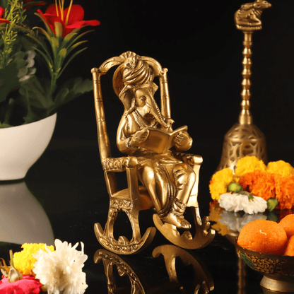 Brassaura® Brass Ganesha on Rocking Chair Reading Mahabharata | Height 7.5 Inches