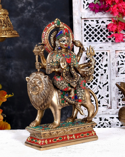 Brassaura® Durga Standing Idol Riding Lion with Golden Brass Finish | Pure Superfine Brass Handcrafted Murti | Brass Statue for Home Temple, Pooja Room | Height 15 Inches | Weight 8 Kgs
