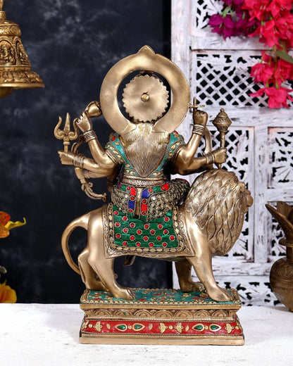 Brassaura® Durga Standing Idol Riding Lion with Golden Brass Finish | Pure Superfine Brass Handcrafted Murti | Brass Statue for Home Temple, Pooja Room | Height 15 Inches | Weight 8 Kgs