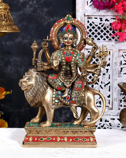 Brassaura® Durga Standing Idol Riding Lion with Golden Brass Finish | Pure Superfine Brass Handcrafted Murti | Brass Statue for Home Temple, Pooja Room | Height 15 Inches | Weight 8 Kgs