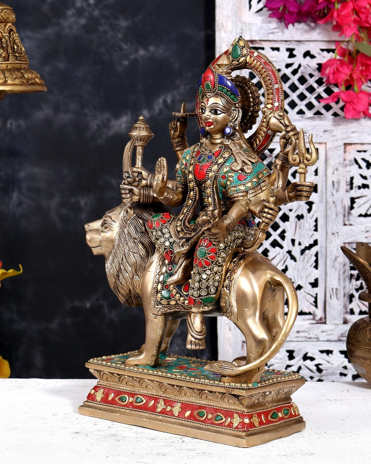 Brassaura® Durga Standing Idol Riding Lion with Golden Brass Finish | Pure Superfine Brass Handcrafted Murti | Brass Statue for Home Temple, Pooja Room | Height 15 Inches | Weight 8 Kgs