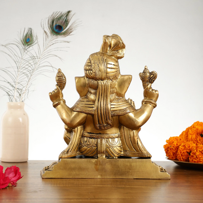 Brassaura™ Pure Brass Lord Ganesha with Pagadi Idol | Superfine Handcrafted Showpiece | Weight 7 Kgs | Height 11 Inches