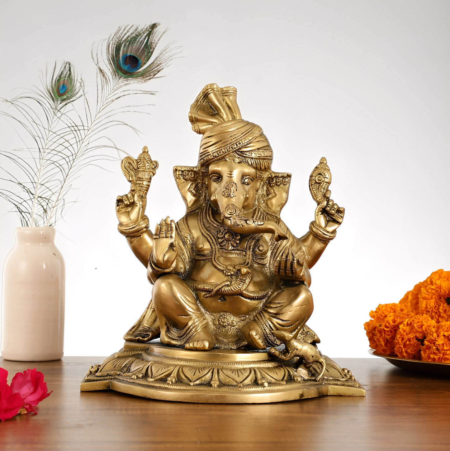 Brassaura™ Pure Brass Lord Ganesha with Pagadi Idol | Superfine Handcrafted Showpiece | Weight 7 Kgs | Height 11 Inches
