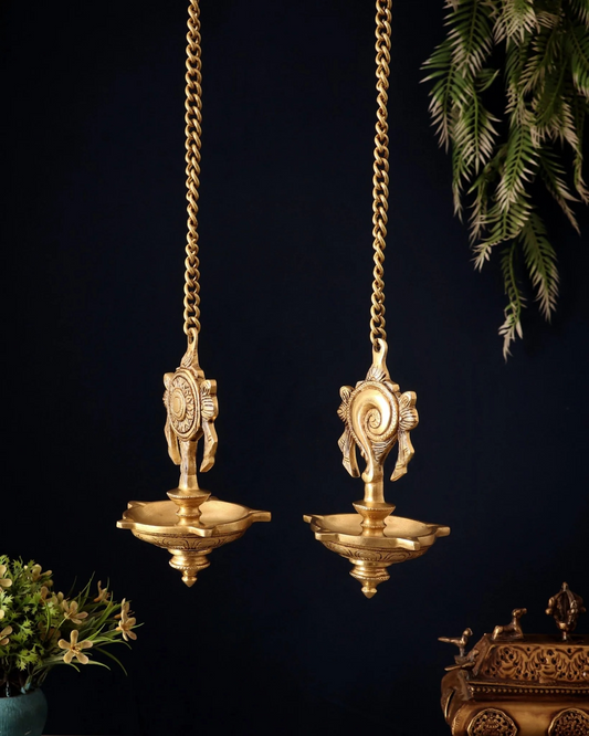 Brassaura® Brass Shankh & Chakra Hanging Diya Set | Traditional Temple Craftsmanship | Lamp Height 6.5 Inches & Combined Weight 1.3 Kgs