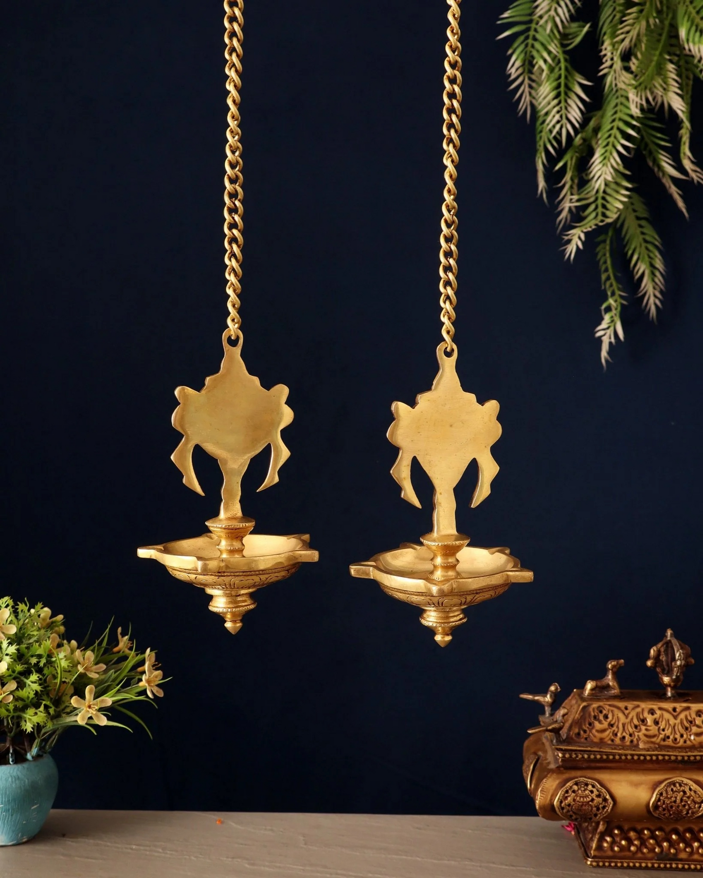 Brassaura® Brass Shankh & Chakra Hanging Diya Set | Traditional Temple Craftsmanship | Lamp Height 6.5 Inches & Combined Weight 1.3 Kgs