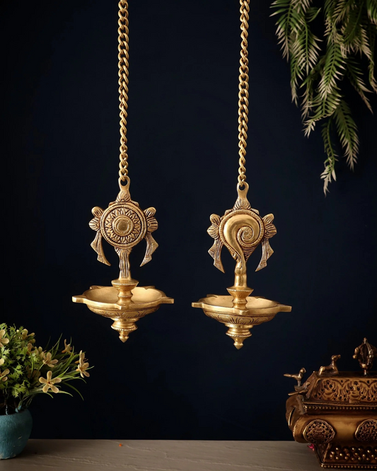 Brassaura® Brass Shankh & Chakra Hanging Diya Set | Traditional Temple Craftsmanship | Lamp Height 6.5 Inches & Combined Weight 1.3 Kgs