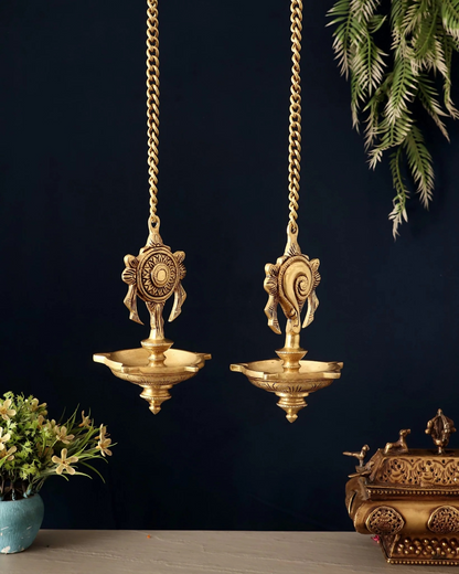 Brassaura® Brass Shankh & Chakra Hanging Diya Set | Traditional Temple Craftsmanship | Lamp Height 6.5 Inches & Combined Weight 1.3 Kgs