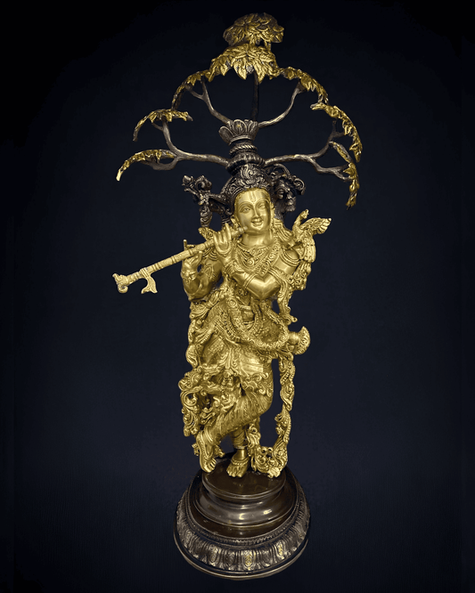 Brassaura™ Lord Krishna Playing Flute | Pure Brass Handcrafted Sculpture | Height 35 Inches & Weight 29 Kgs