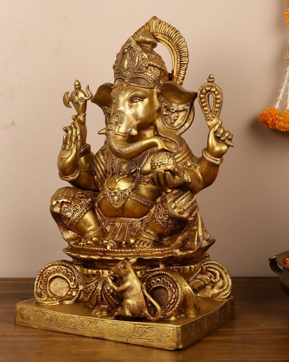 Brassaura™ Pure Brass Superfine Lord Ganesha Idol | Handcrafted Divine Showpiece | Weight 26 Kgs | Height 22 Inches