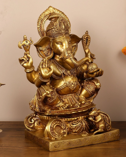 Brassaura™ Pure Brass Superfine Lord Ganesha Idol | Handcrafted Divine Showpiece | Weight 26 Kgs | Height 22 Inches