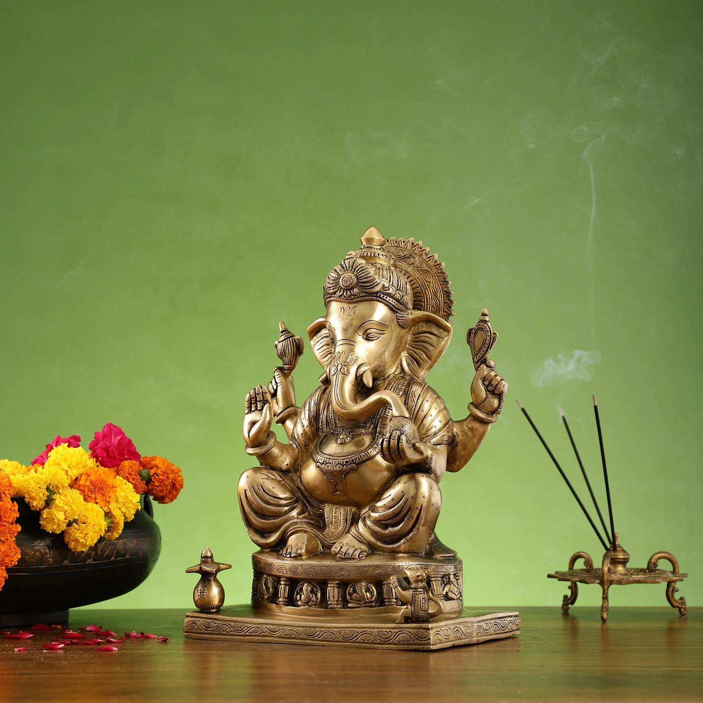 Brassaura™ Brass Lord Ganesha Statue with Ashtavinayak Base | Handcrafted Fine Brass Idol | Height 13 Inches & Weight 10 Kgs